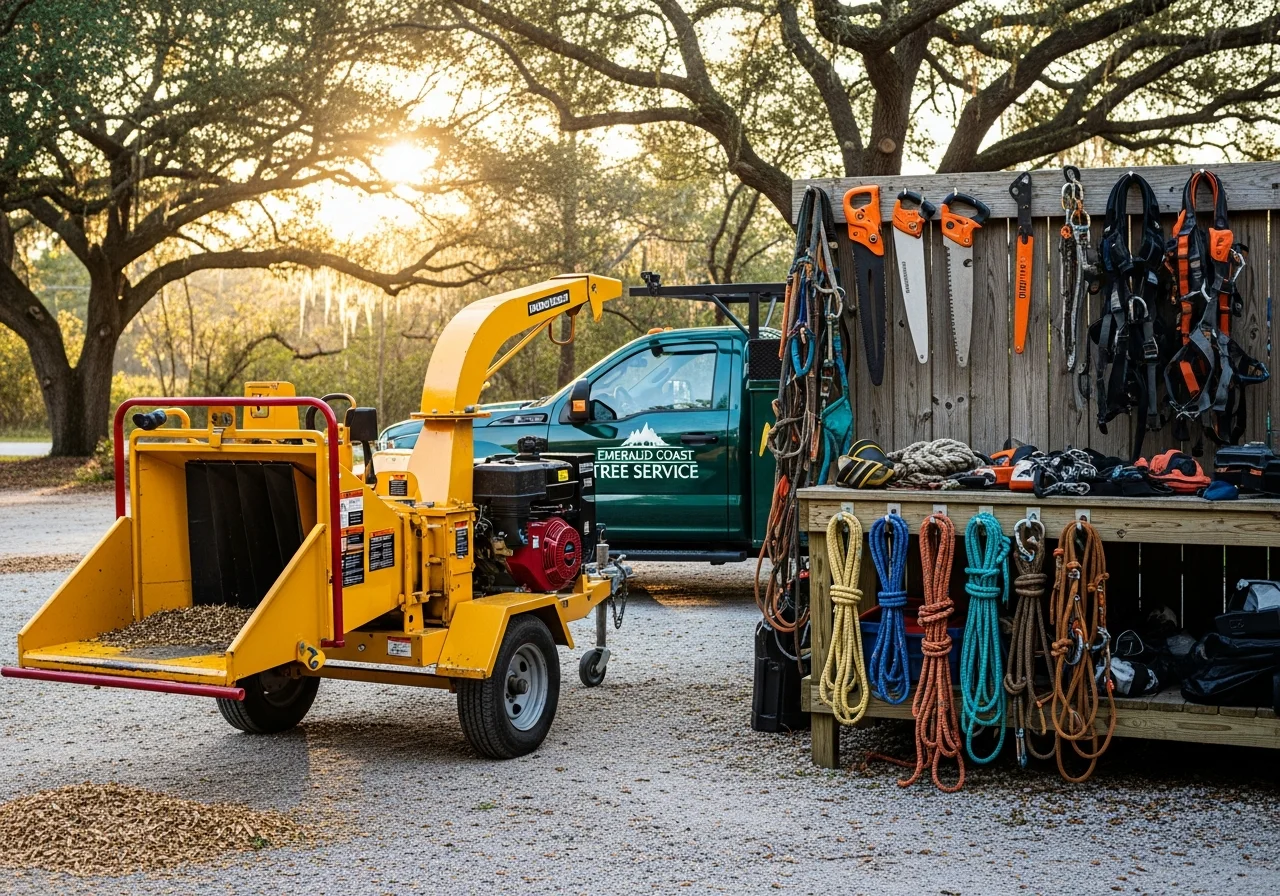 Professional tree service crew with equipment and tools ready for landscape work.