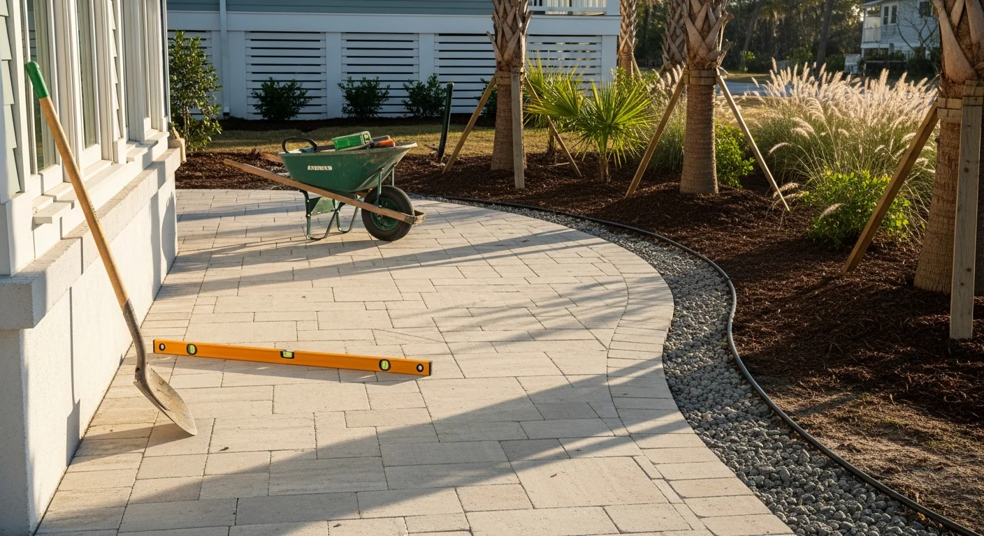Newly installed landscape with stone hardscape and palm trees in Destin