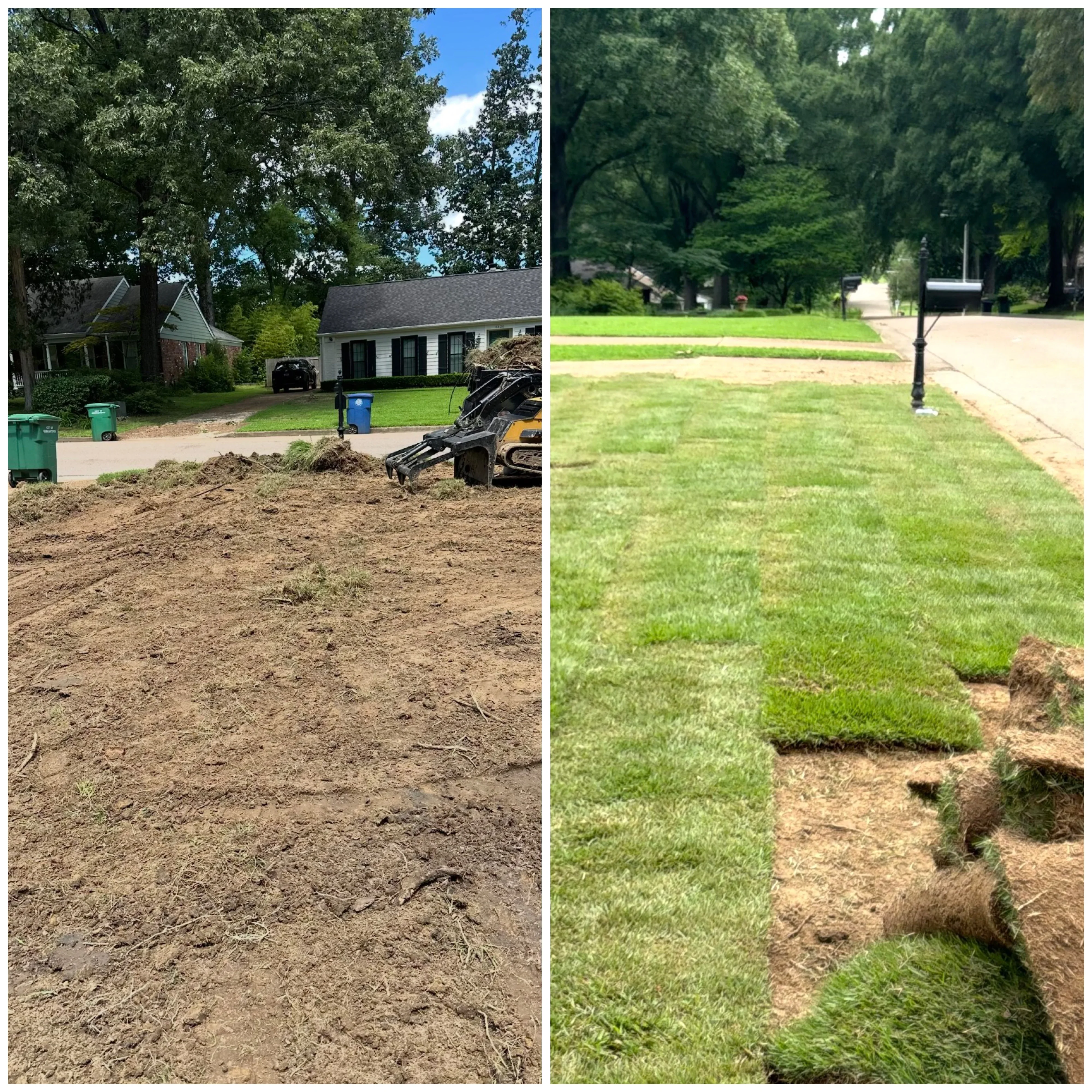 Before and after lot clearing: bare dirt lot transformed to graded and sodded residential property
