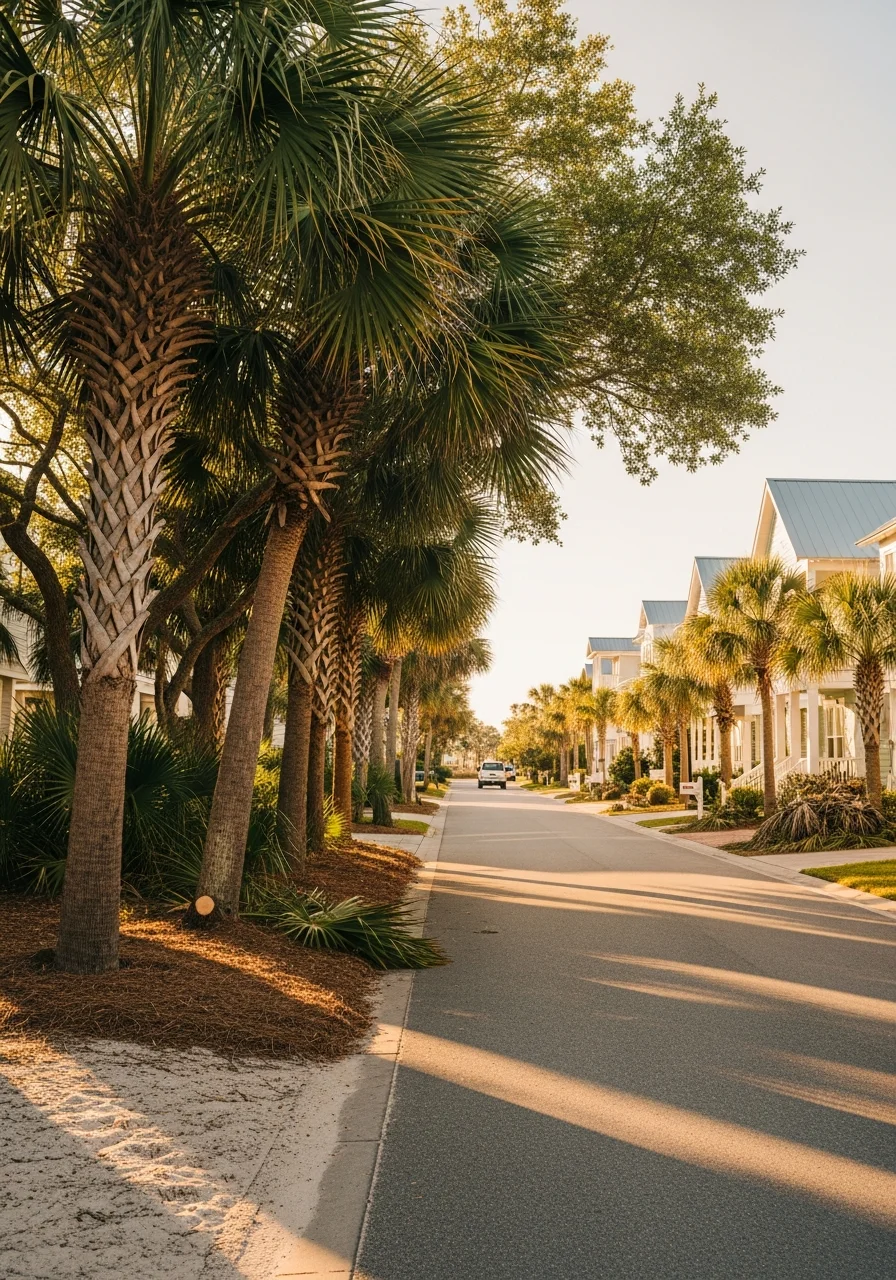 Destin residential street lined with palm trees and well-maintained coastal-style homes.
