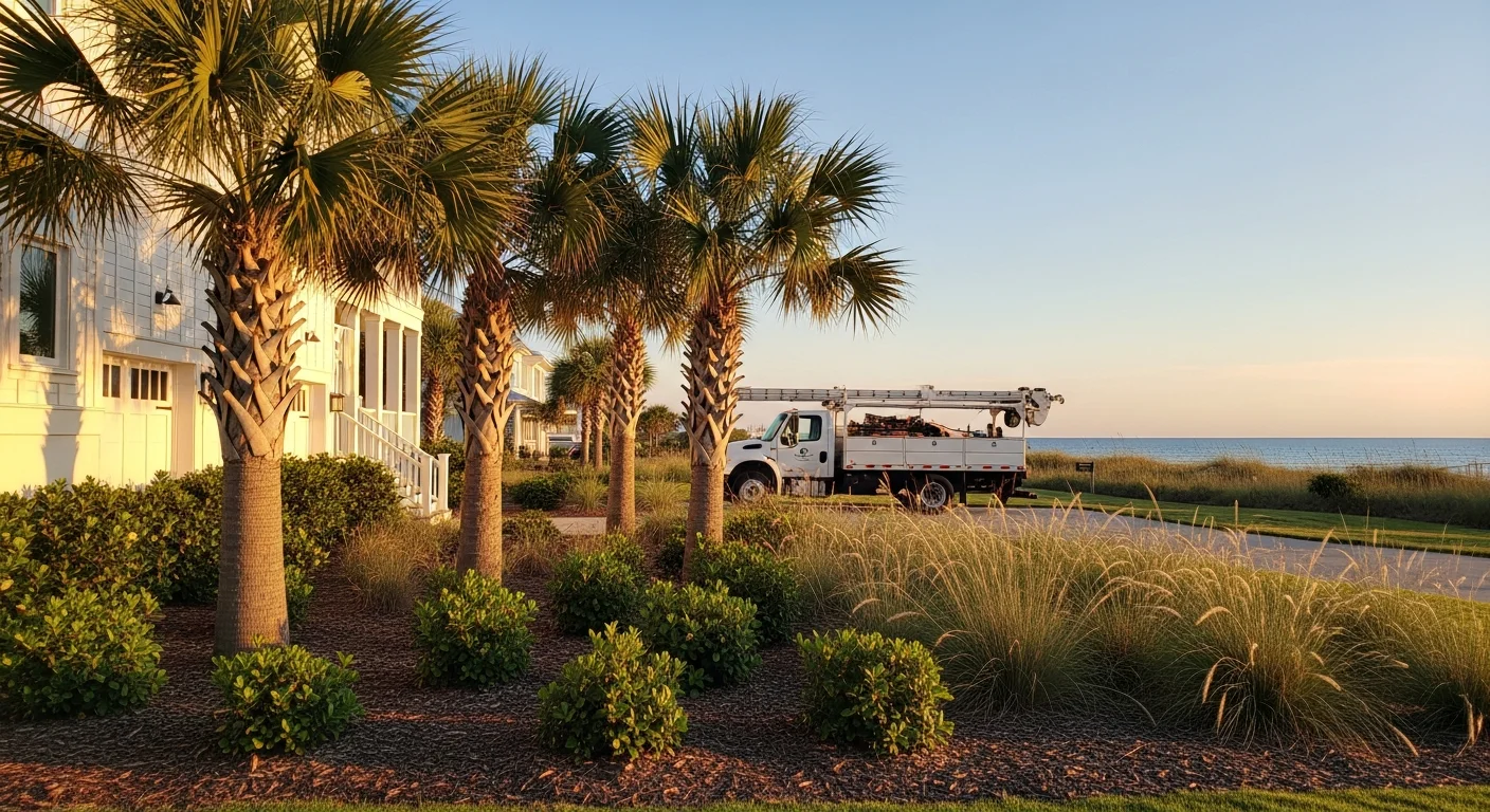 Beachfront Destin home with white trim and coastal landscaping overlooking the Emerald Coast waters.