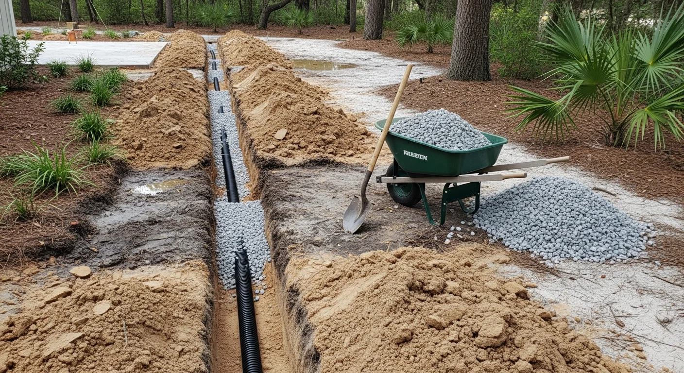 A newly installed French drain running along the edge of a residential yard in Destin, Florida, with gravel-filled trench channeling water away from the home's foundation. The surrounding lawn shows no standing water following a recent rain.