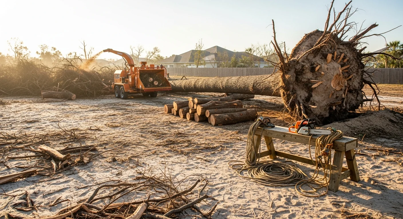 A large storm-damaged pine tree removed from a residential property in Destin, Florida, with the trunk sectioned and debris cleared from the lawn. A crew member in safety gear stands near the stump with equipment visible in the background.