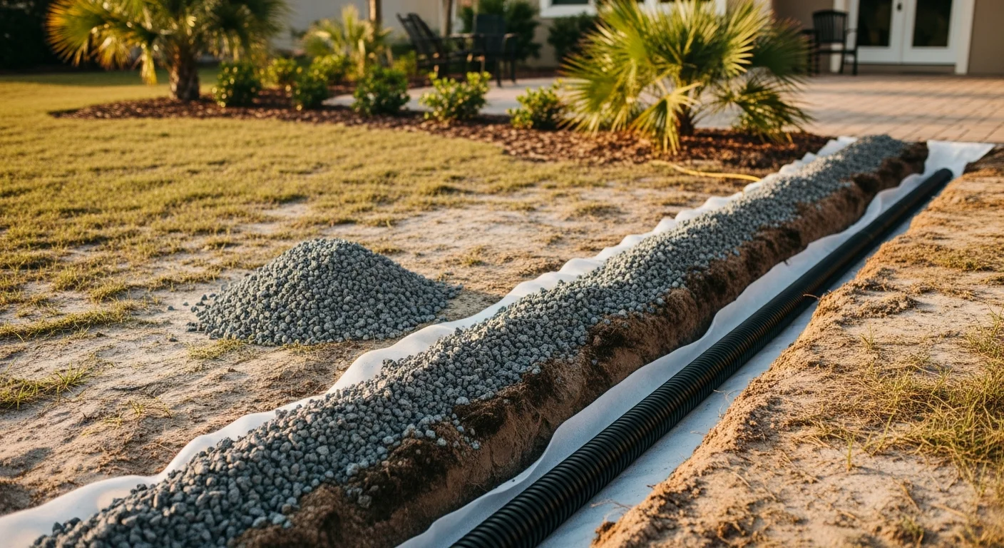 A freshly installed French drain trench with gravel backfill running along the edge of a residential yard in Destin, Florida. Perforated pipe is visible inside the gravel-lined trench before final sod restoration.