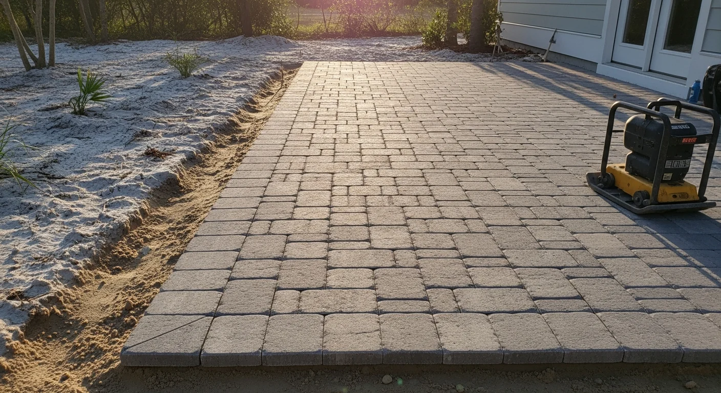 A finished paver patio and walkway installed by Emerald Estate Trees at a residential property in Destin, Florida, with clean joint lines and a compacted base visible at the edge. The surrounding landscape shows Gulf Coast-style plantings alongside the hardscape.