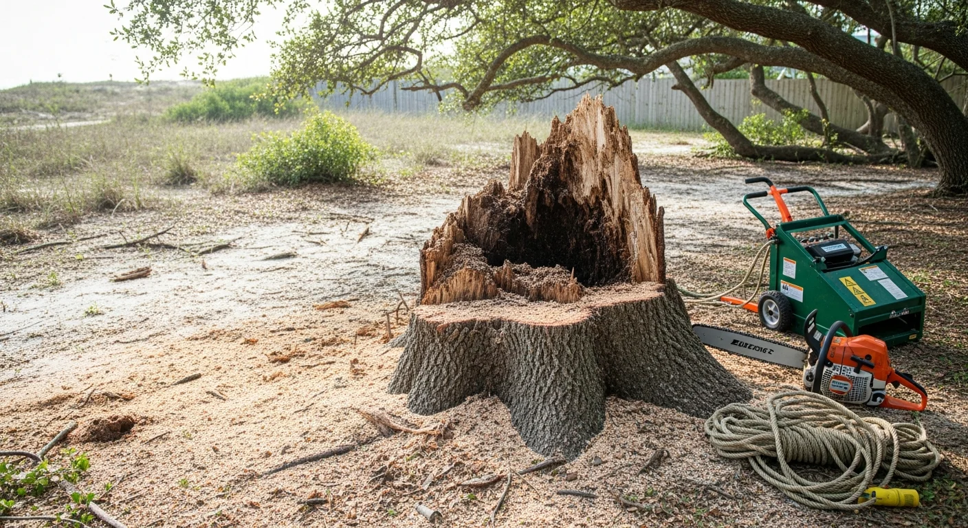 A large hazardous tree being sectionally removed by a crew near a single-family home in Destin, Florida, with rigging lines controlling the descent of cut sections away from the roof. The cleared yard and Gulf Coast sky are visible in the background.