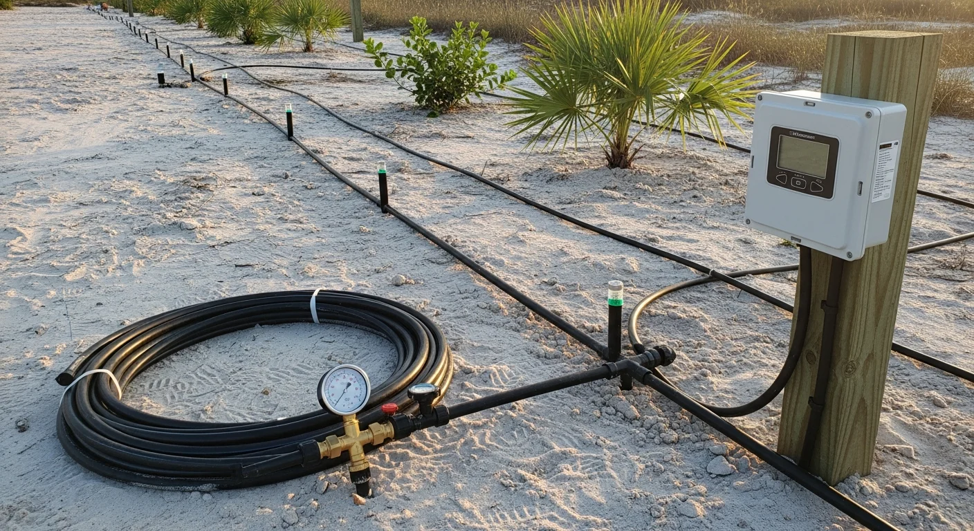 Newly installed in-ground irrigation system with pop-up spray heads running across a green residential lawn in Destin, Florida. A landscape contractor adjusts a rotor head near a planted bed with the Gulf Coast sky visible in the background.