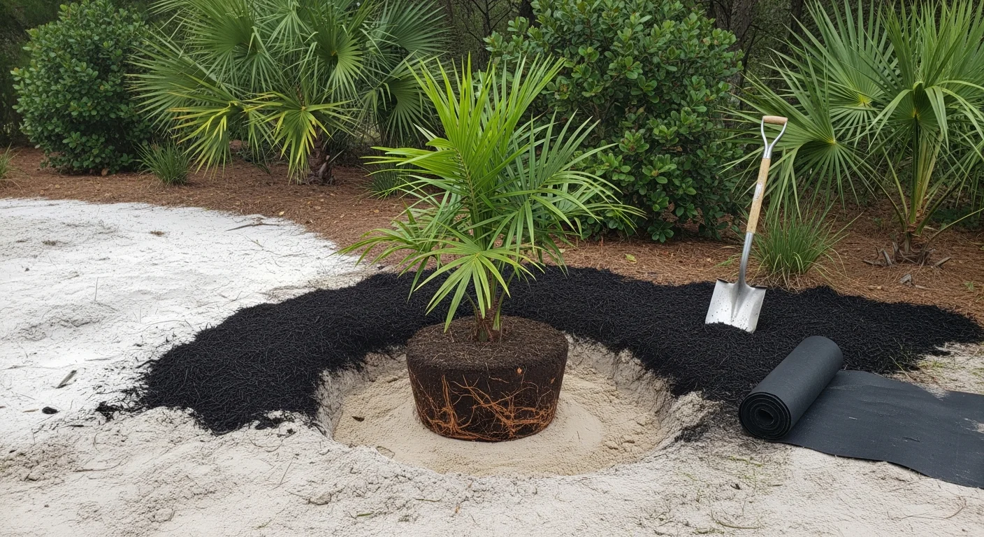 A newly planted Sabal palm standing upright in a sandy residential yard in Destin, Florida, with a fresh mulch ring at the base and a Gulf-coast home visible in the background. A landscape crew member checks the planting depth beside the tree.