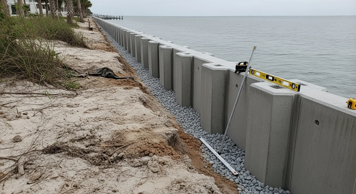 A newly installed seawall running along the shoreline edge of a residential waterfront property in Destin, Florida. The wall forms a clean, level barrier between the yard and the water, with a dock visible in the background.