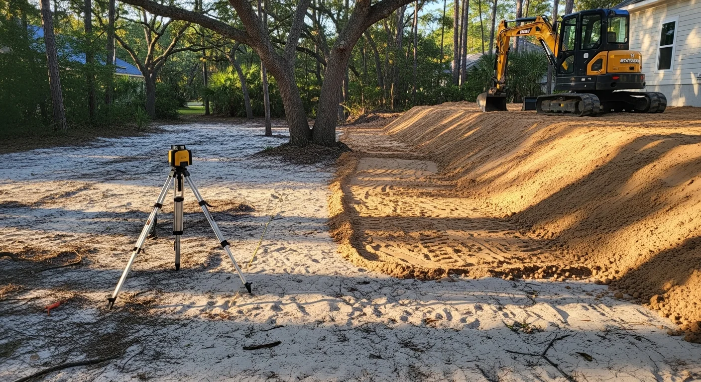 A Destin Florida residential backyard after site grading, showing a smooth slope angled away from the home's foundation toward a grass swale. Sandy coastal soil is visible along the freshly shaped grade line near the rear of the property.