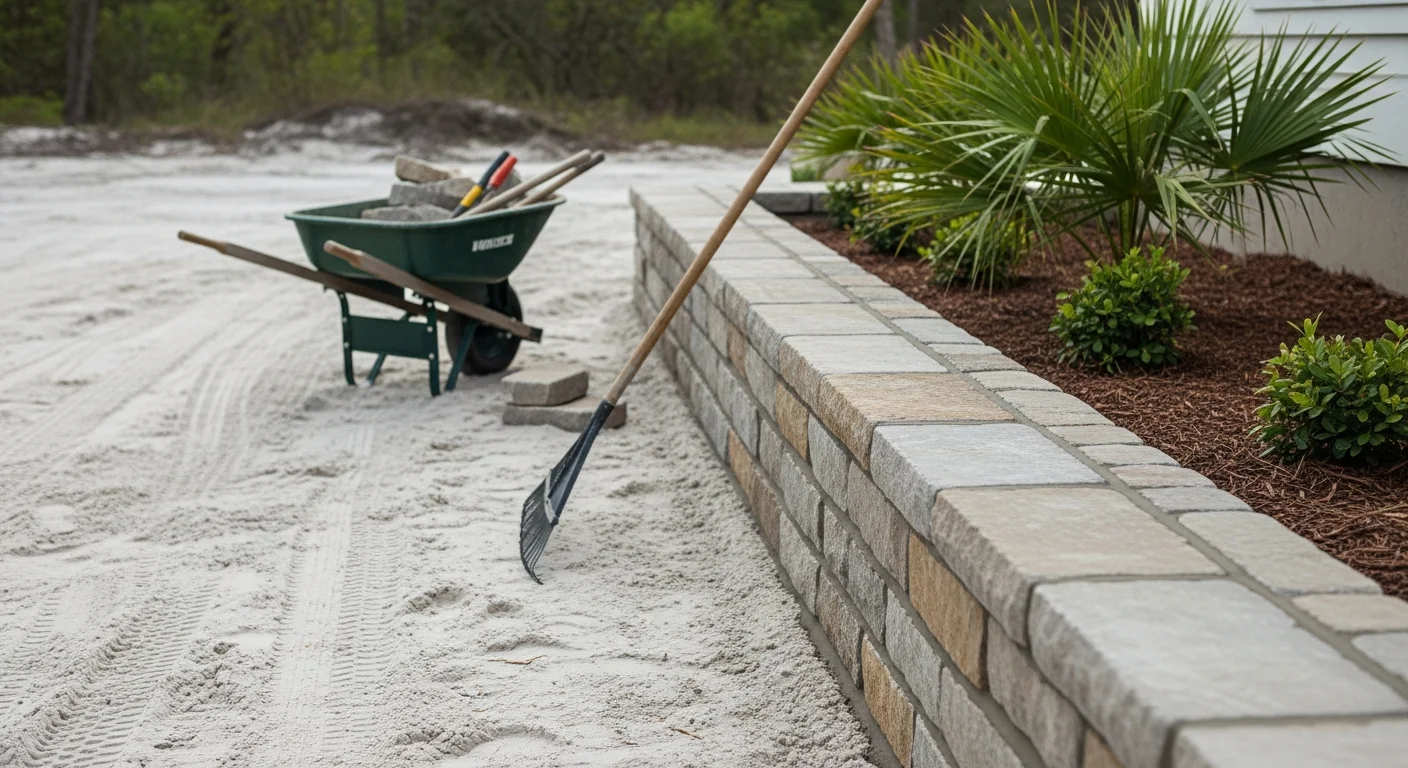 A finished natural stone retaining wall and walkway installed in a Destin, Florida residential backyard, with clean stone edging along a planted garden bed and a coastal landscape in the background.