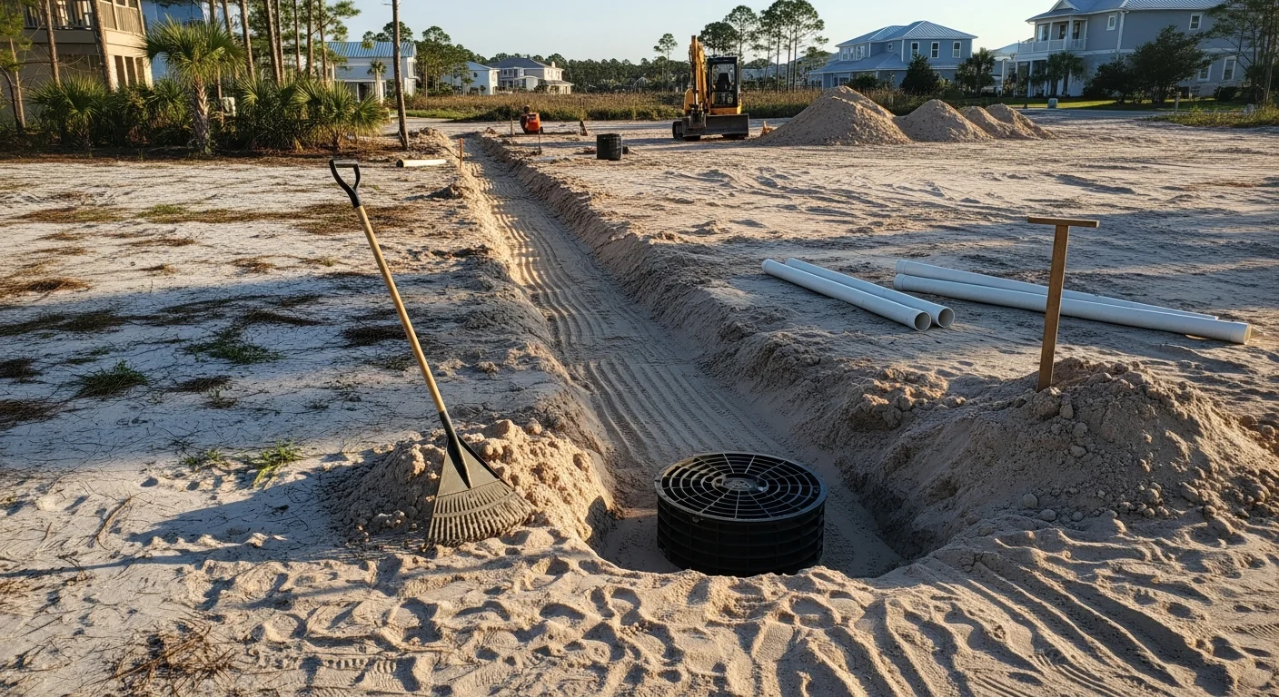 A newly graded residential yard in Destin, Florida with a shaped swale and installed drainage pipe directing storm runoff away from the home's foundation. Sandy coastal soil is visible along the drainage channel following a storm water management installation by Emerald Estate Trees.