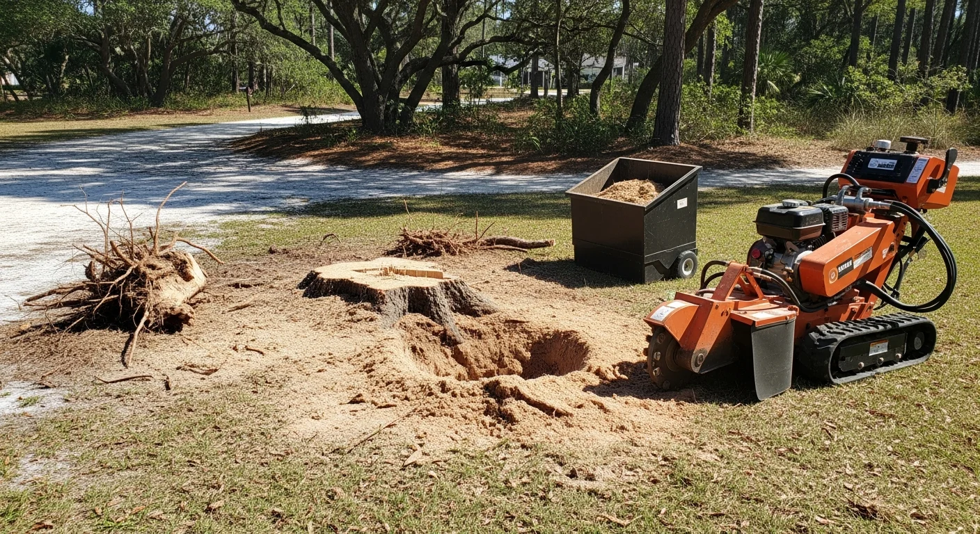 A freshly ground tree stump in a Destin, Florida residential backyard, with sandy soil and cleared debris visible around the leveled work area. The surrounding lawn and mature trees remain undisturbed after stump removal by Emerald Estate Trees.