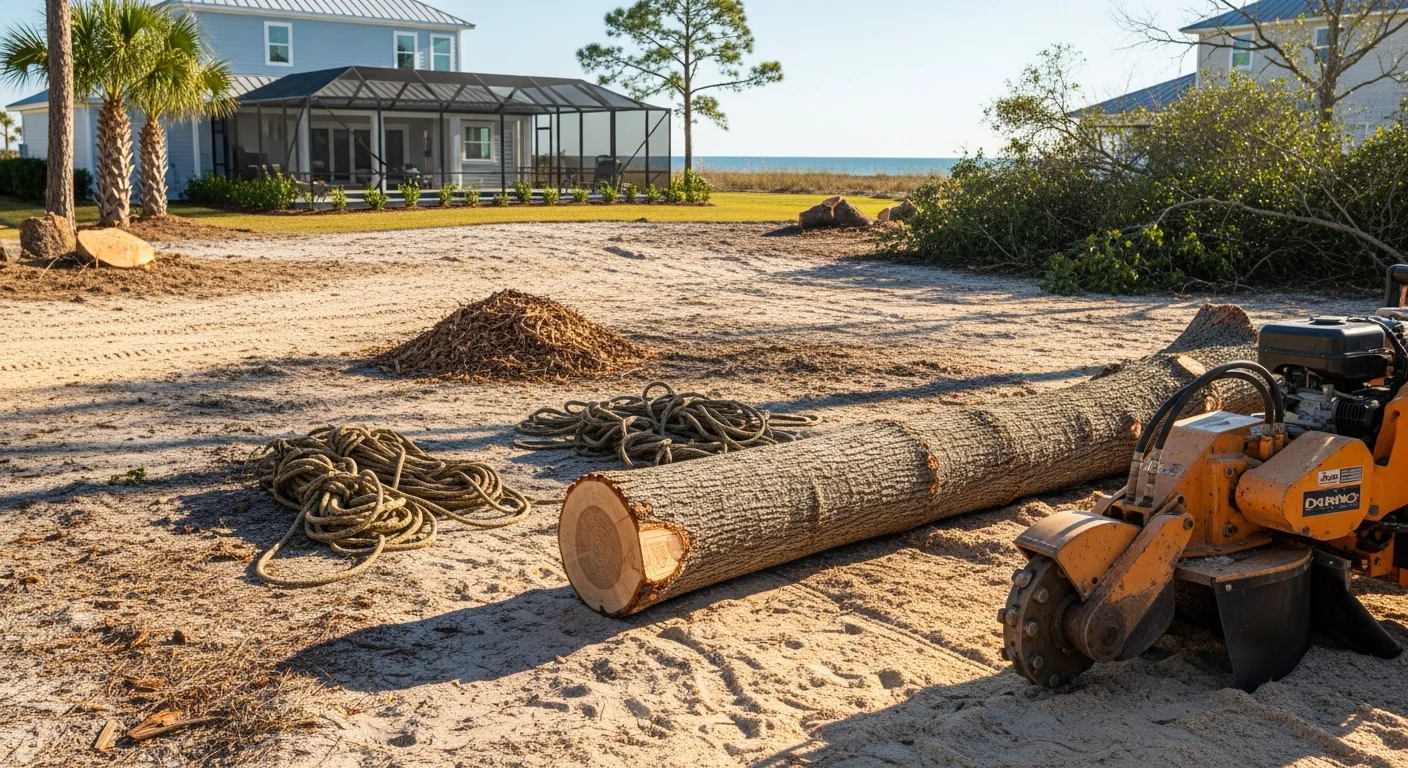 A large slash pine being sectioned and lowered by a tree removal crew in a residential backyard in Destin, Florida. The surrounding lawn and screen enclosure are undisturbed, with cut sections staged neatly on the grass.