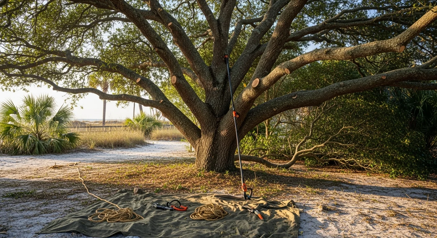 A Destin, Florida residential backyard showing a live oak with a freshly trimmed canopy, cut branches cleared from the lawn, and a clean roofline visible in the background. An Emerald Estate Trees crew member stands near the base of the tree with trimming equipment.